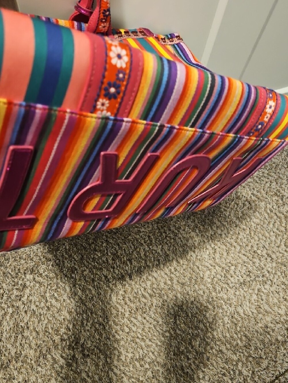 Colorful Striped Tote Bag - Multicolor Pink Trim - Picture 7 of 7